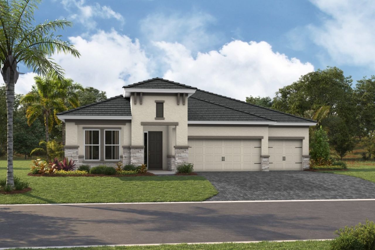 Representative exterior photo of a completed home built from the Biscayne I by Homes by WestBay in Longleaf at Grand Park, Sarasota, FL (Image 2).