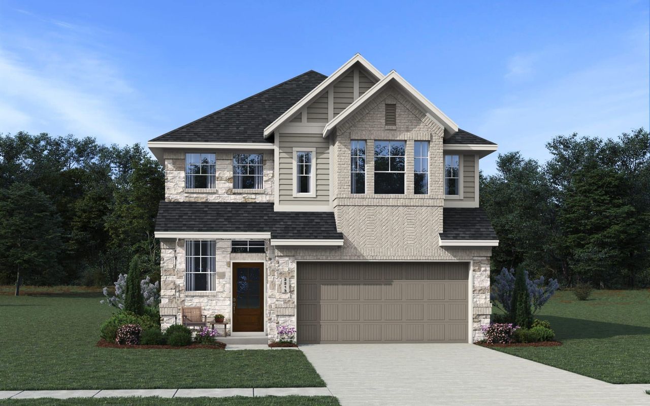 Front exterior of a new home in Legacy at Lake Dunlap, New Braunfels, TX, highlighting curb appeal (Image 2). Front exterior of a new home in Legacy at Lake Dunlap, New Braunfels, TX, highlighting curb appeal (Image 2).