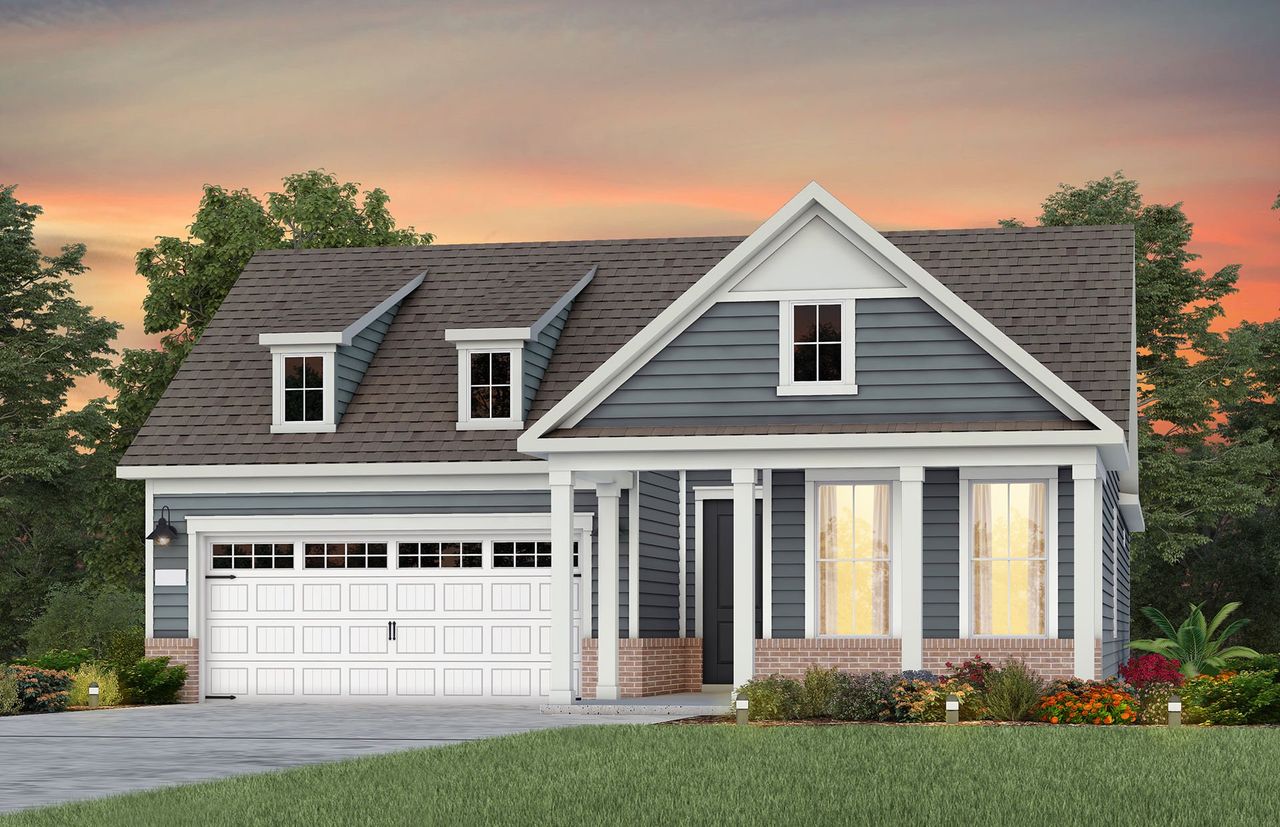 Front exterior of a new home in Del Webb Wilmington at Mallory Creek, Leland, NC, highlighting curb appeal (Image 2). Front exterior of a new home in Del Webb Wilmington at Mallory Creek, Leland, NC, highlighting curb appeal (Image 2).