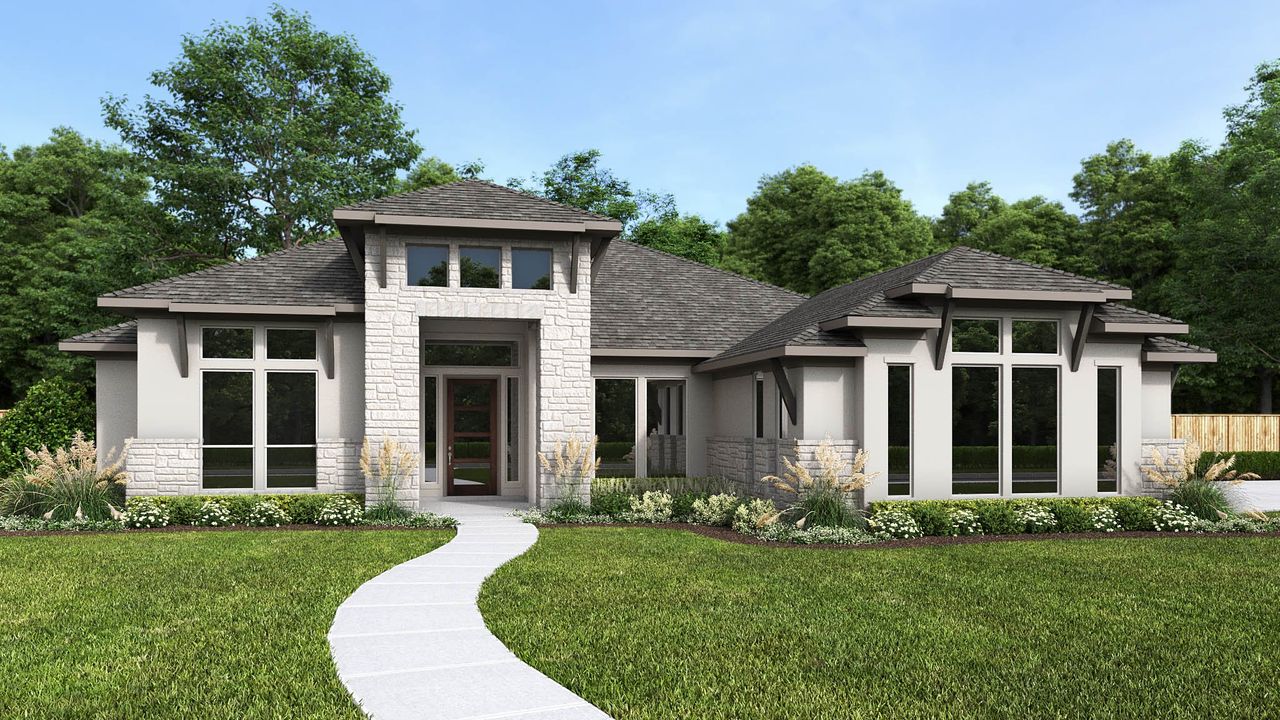 Representative exterior photo of a completed home built from the 3435A by Perry Homes in Santa Rita Ranch 90', Liberty Hill, TX (Image 2). Representative exterior photo of a completed home built from the 3435A by Perry Homes in Santa Rita Ranch 90', Liberty Hill, TX (Image 2).