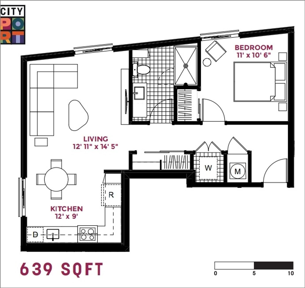 2D floor plan layout for the 1 Bedroom by White Oak Properties in City Port, Durham, NC (Image 2).