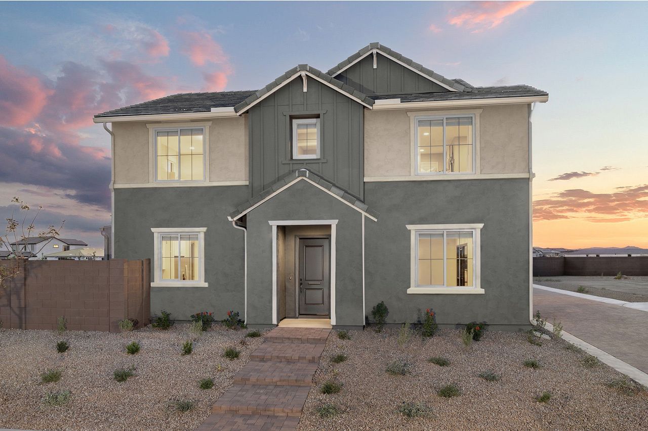 Front exterior of a new home in Asante- Atrium Series, Surprise, AZ, highlighting curb appeal (Image 2).