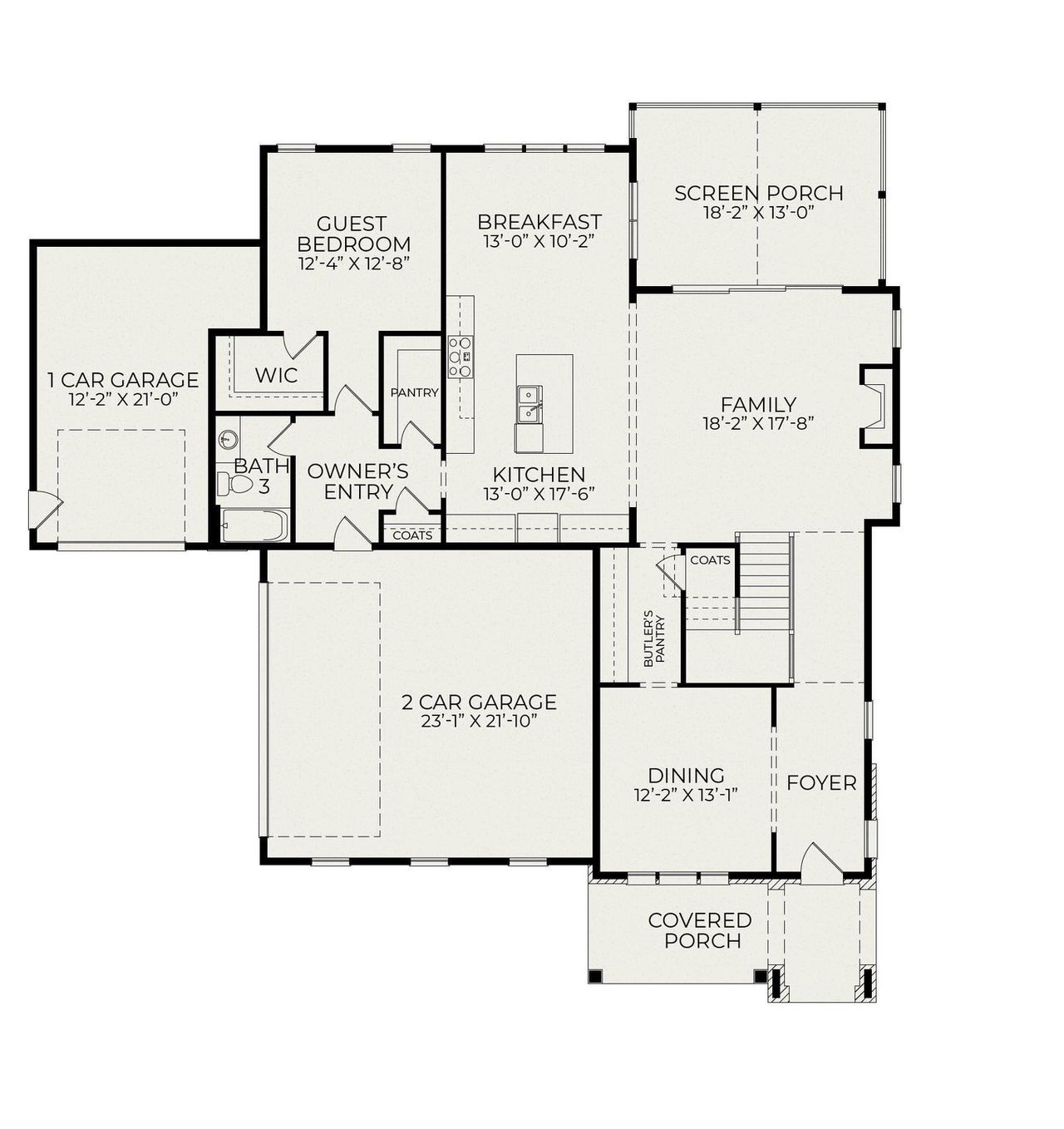 2D floor plan layout for the Bristol English Cottage by Homes by Dickerson in Corbett Landing, Pittsboro, NC (Image 2).