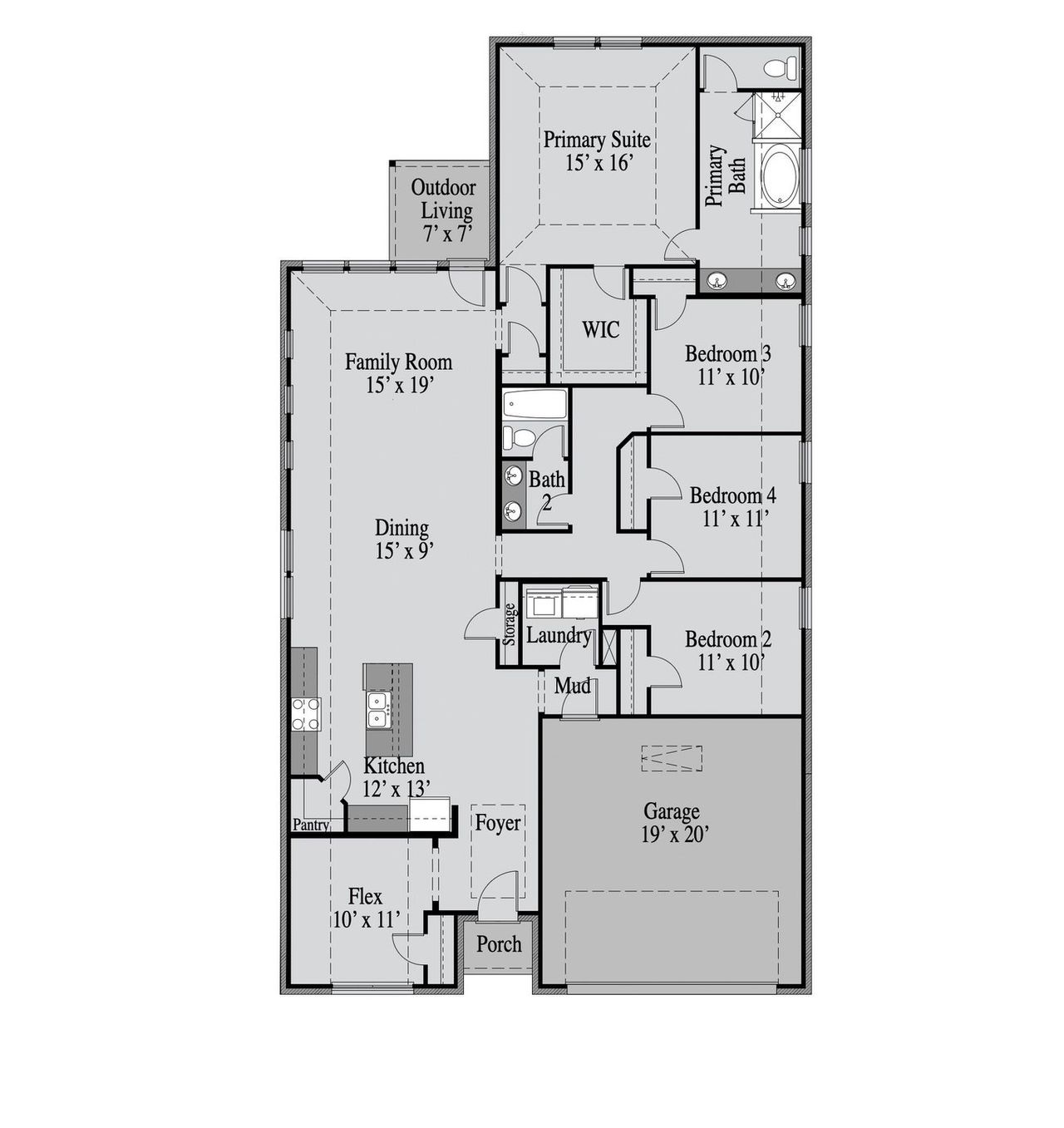 2D floor plan layout for the Sanders by UnionMain Homes in Walden Pond, Forney, TX (Image 2). 2D floor plan layout for the Sanders by UnionMain Homes in Walden Pond, Forney, TX (Image 2).
