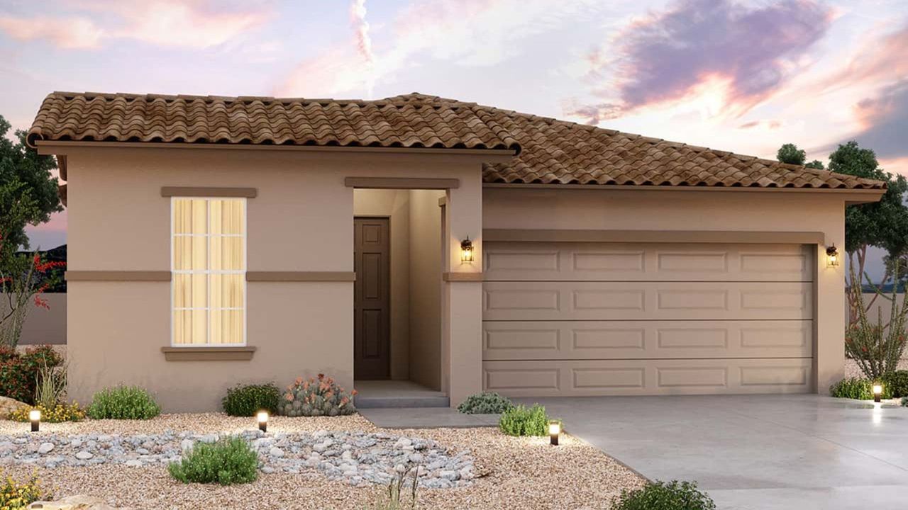 Front exterior of a new home in Sienna Park, Buckeye, AZ, highlighting curb appeal (Image 2).