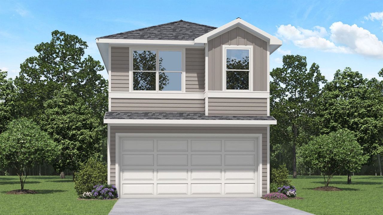 Front exterior of a new home in Bridges on Lake Houston Villas, Humble, TX, highlighting curb appeal (Image 2). Front exterior of a new home in Bridges on Lake Houston Villas, Humble, TX, highlighting curb appeal (Image 2).