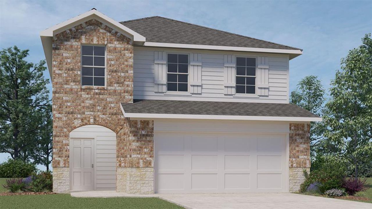 Front exterior of a new home in Wildcat Ranch, Crandall, TX, highlighting curb appeal (Image 2). Front exterior of a new home in Wildcat Ranch, Crandall, TX, highlighting curb appeal (Image 2).