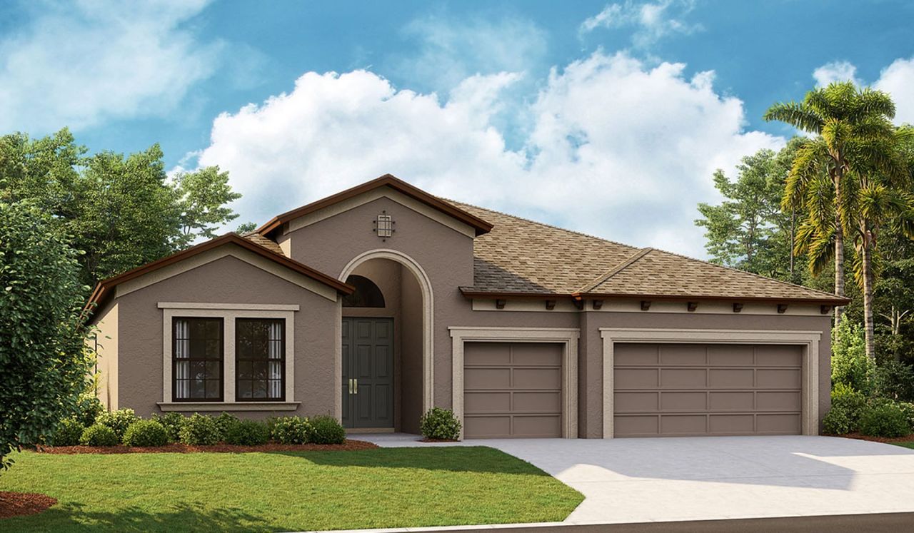 Front exterior of a new home in Caldera, Spring Hill, FL, highlighting curb appeal (Image 2).