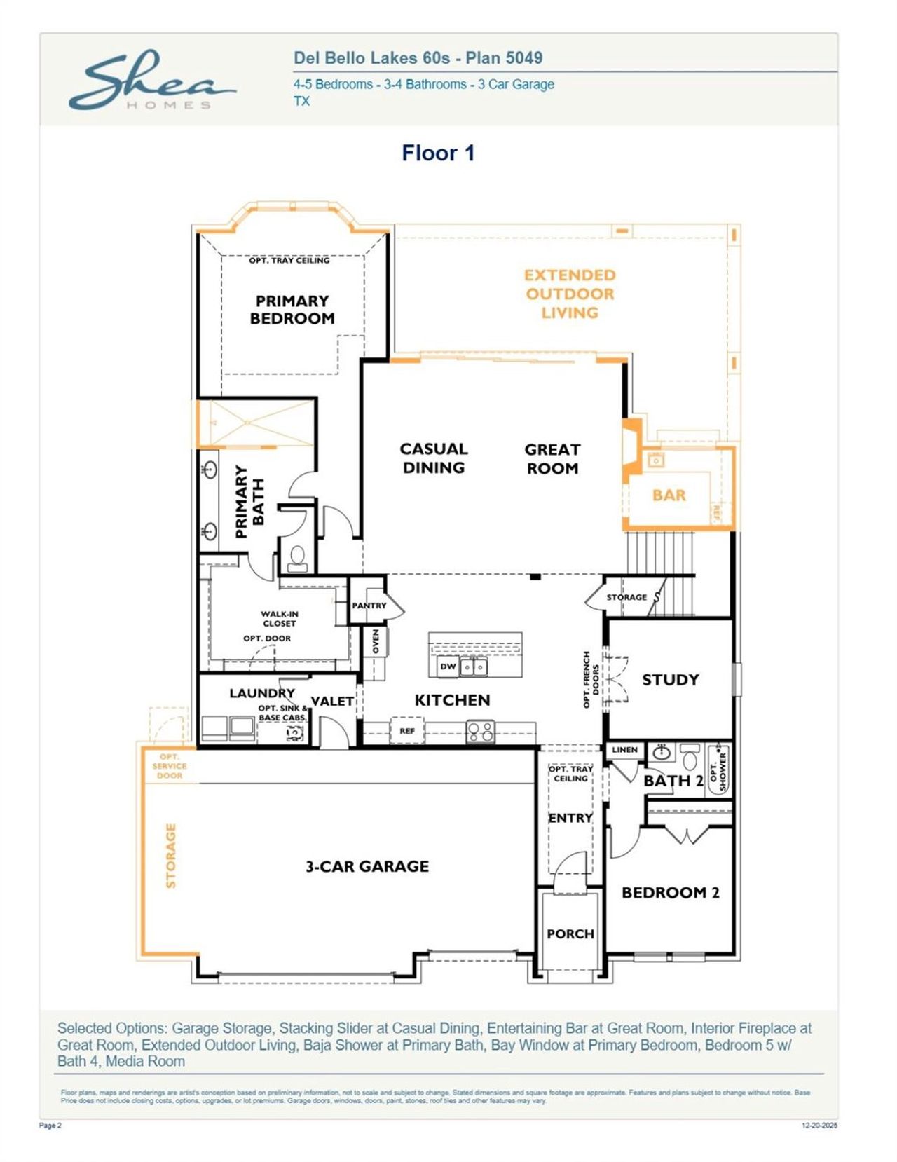 2D floor plan layout of this home in Del Bello Lakes 60', Manvel, TX (Image 2).