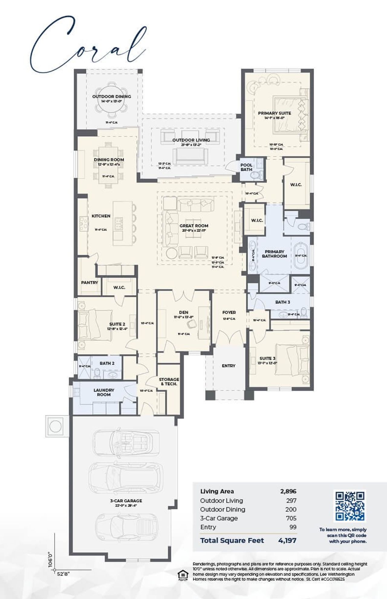 2D floor plan layout for the Coral by Lee Wetherington Homes in Shellstone at Waterside, Sarasota, FL (Image 2).