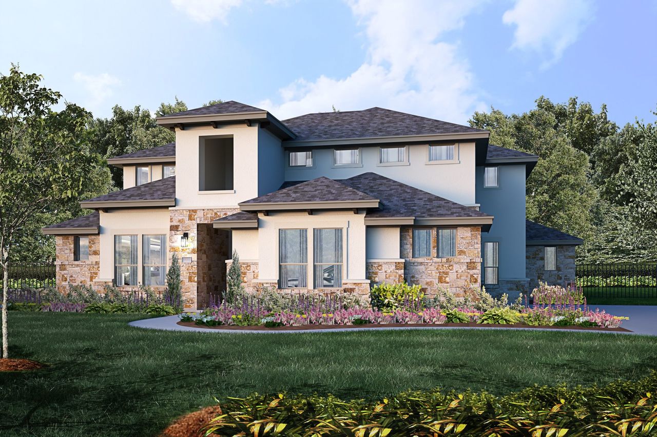Representative exterior photo of a completed home built from the Diamond by Giddens Homes in Riverstone, Georgetown, TX (Image 2).