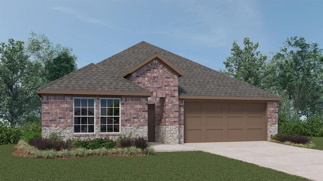 Front exterior of a new home in Trailstone, Caddo Mills, TX, highlighting curb appeal (Image 2).