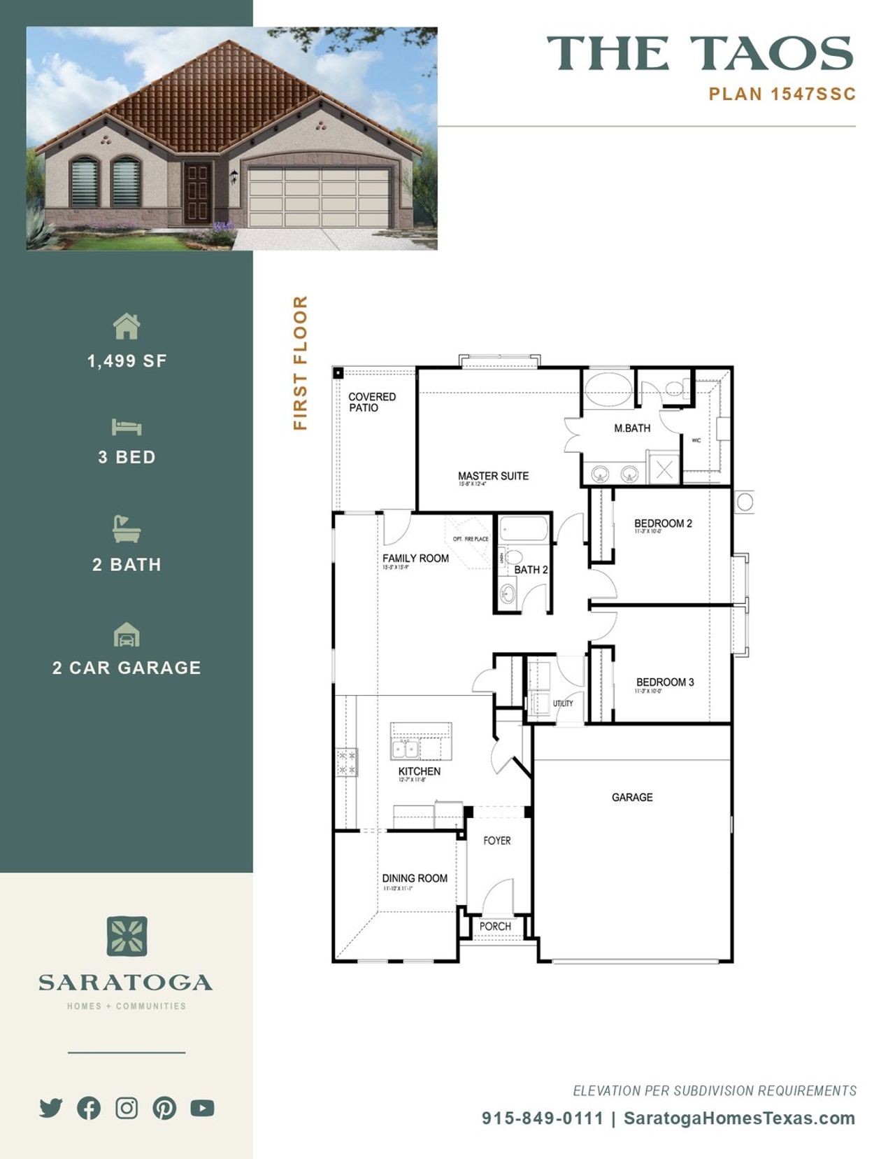 2D floor plan layout for the The Taos – 1547SSC by Saratoga Homes in Crossland, El Paso, TX (Image 2).
