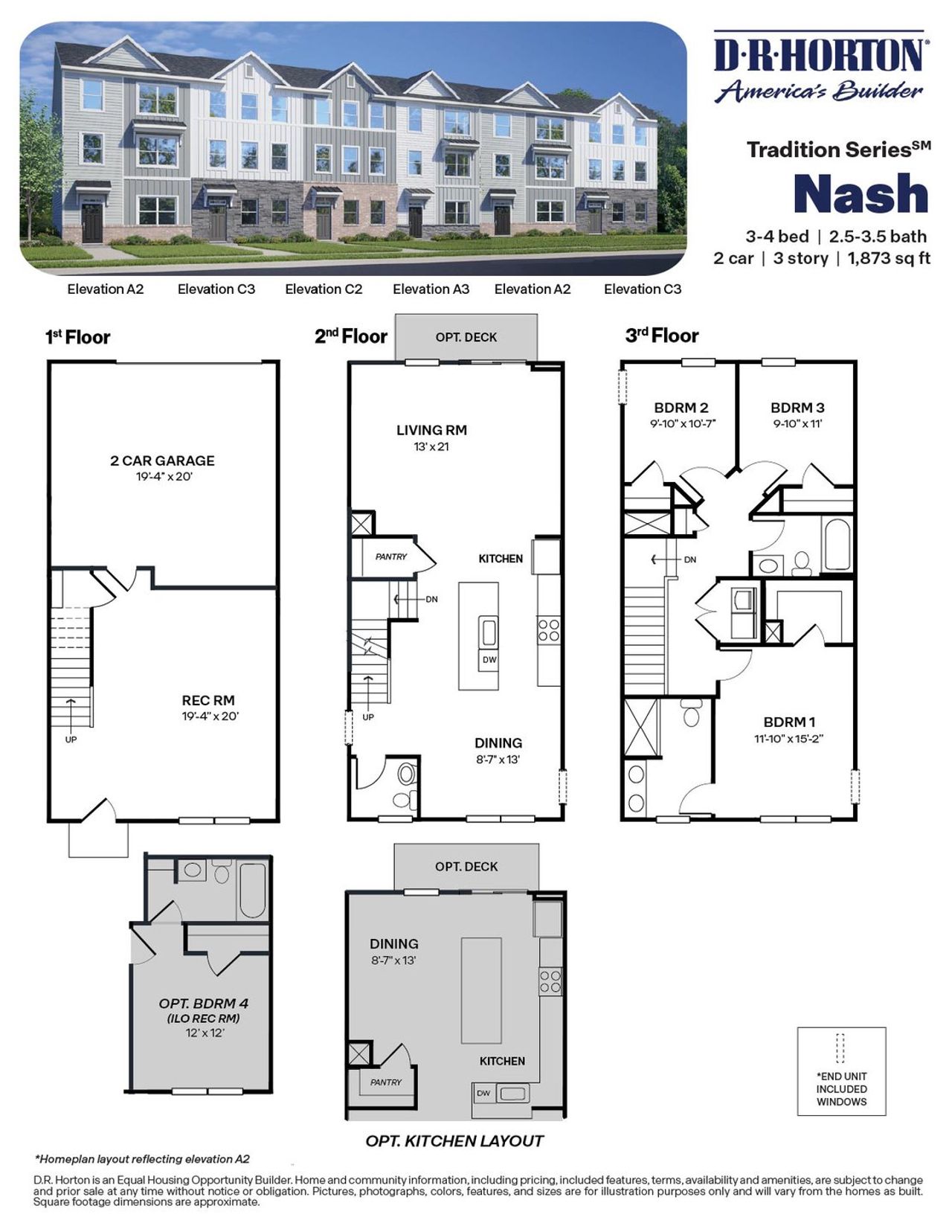 2D floor plan layout for the Nash by D.R. Horton in The Townes at Bexford, Willow Spring, NC (Image 2).