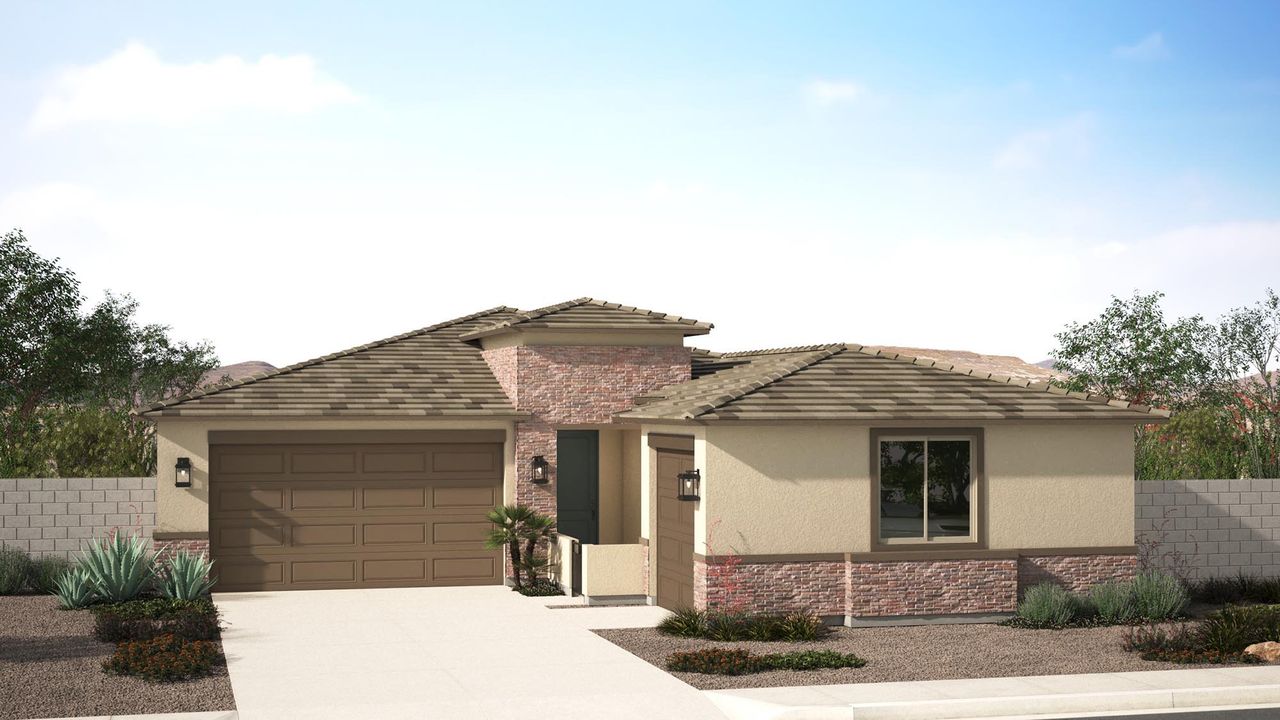 Front exterior of a new home in Harvest at Citrus Park, Goodyear, AZ, highlighting curb appeal (Image 2). Front exterior of a new home in Harvest at Citrus Park, Goodyear, AZ, highlighting curb appeal (Image 2).