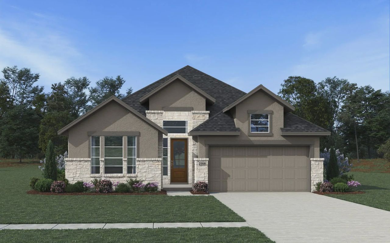 Front exterior of a new home in Newhaven, Manor, TX, highlighting curb appeal (Image 2).