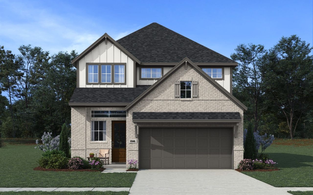 Representative exterior photo of a completed home built from the Jolene by Chesmar Homes in Stillwater Ranch, San Antonio, TX (Image 2). Representative exterior photo of a completed home built from the Jolene by Chesmar Homes in Stillwater Ranch, San Antonio, TX (Image 2).