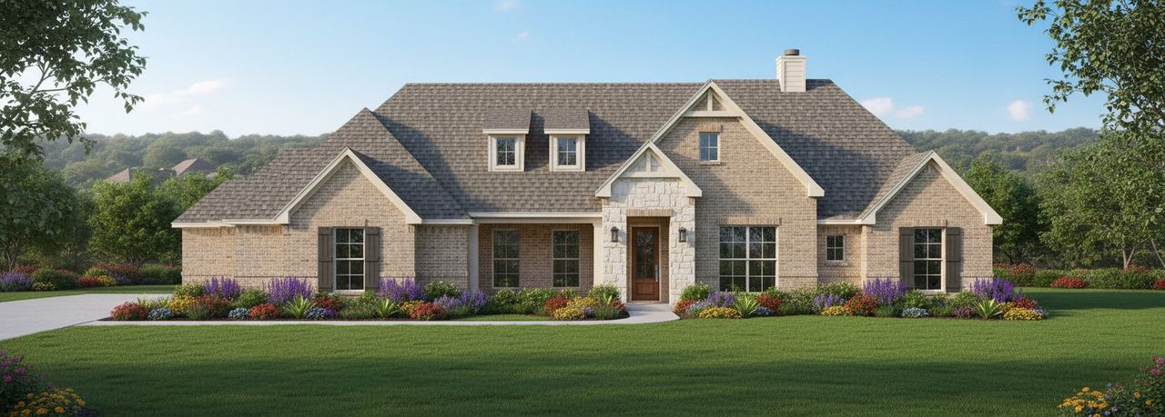 Representative exterior photo of a completed home built from the The Allen by Kenmark Homes in Cotten Creek, Azle, TX (Image 2). Representative exterior photo of a completed home built from the The Allen by Kenmark Homes in Cotten Creek, Azle, TX (Image 2).
