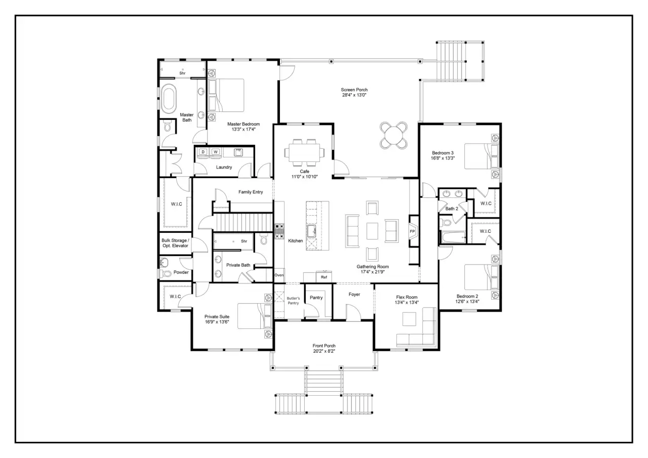 2D floor plan layout for the St. Simons by Hunter Quinn Homes in Oyster Bay Harbour, Fernandina Beach, FL (Image 2).