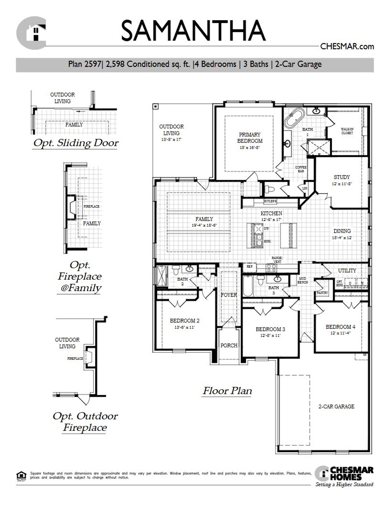 2D floor plan layout for the Samantha by Chesmar Homes in Gregg Ranch, Marble Falls, TX (Image 2).