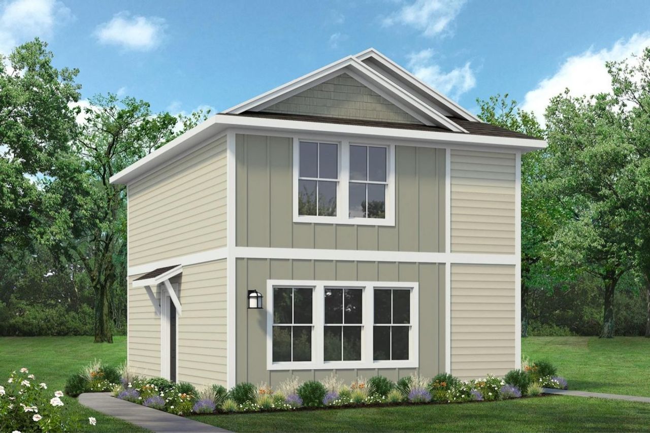 Rendered image of two story green home with landscaping and sky