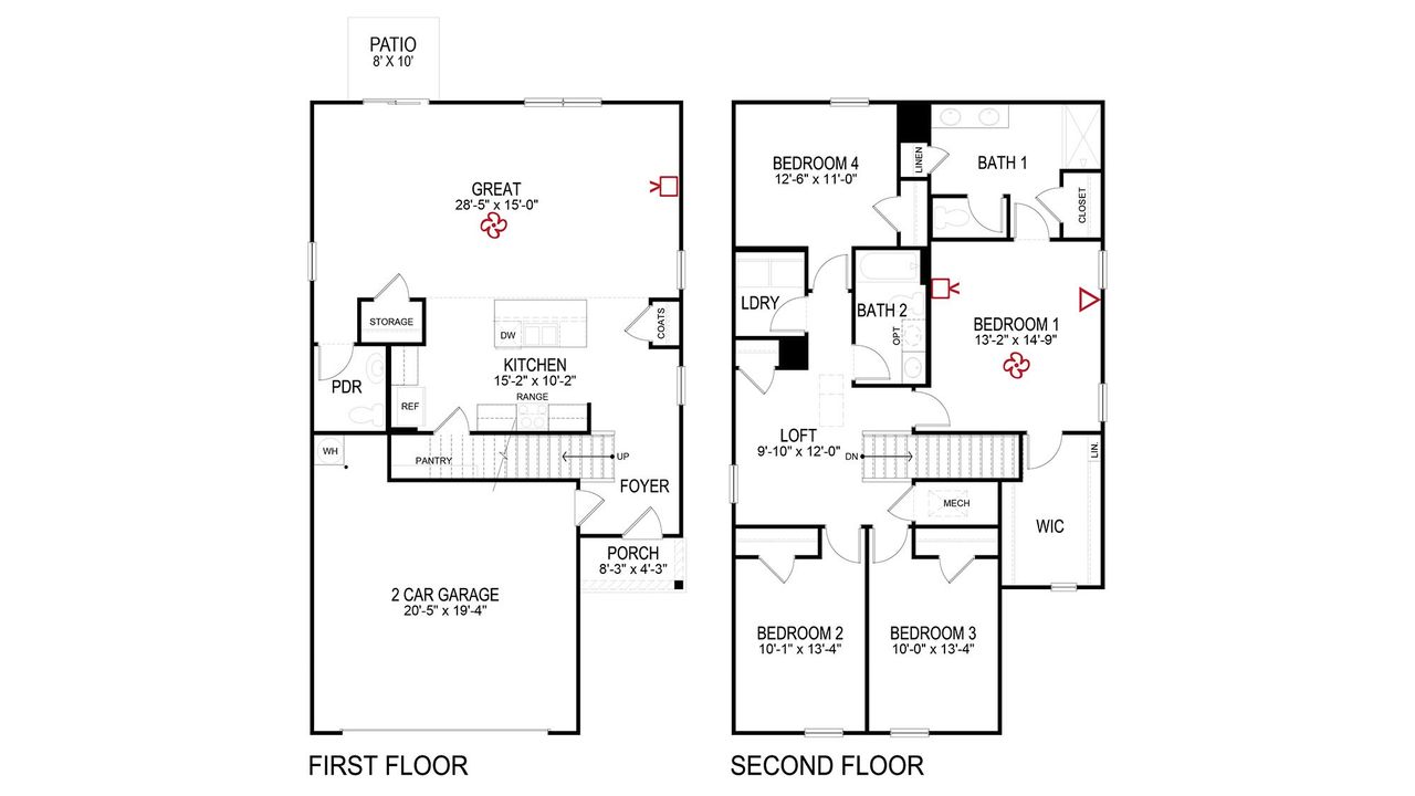 2D floor plan layout for the Elston by D.R. Horton in Highland View, Seymour, TN (Image 2).