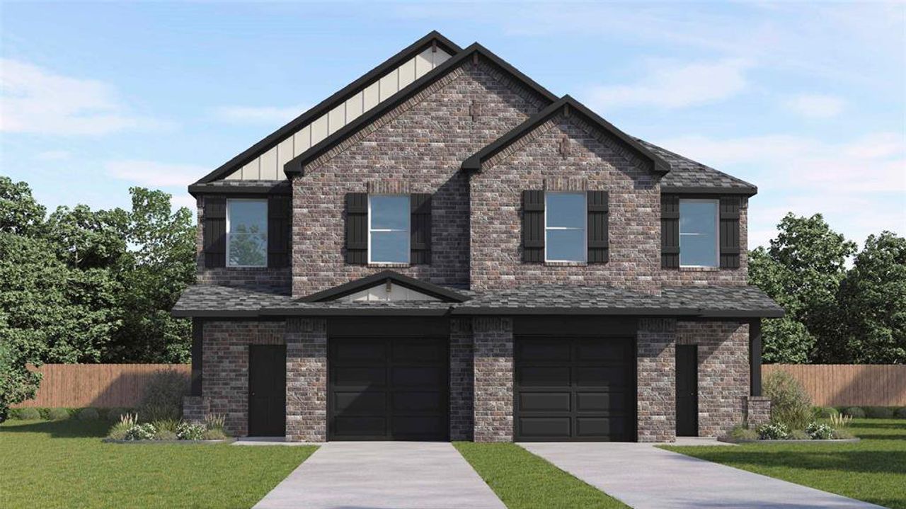 Two-story duplex with dark brick facade, black shutters, and dual attached garages