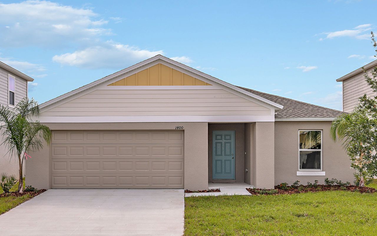 Representative exterior photo of a completed home built from the Valeria by Casa Fresca Homes in Crosswinds, Haines City, FL (Image 2). Representative exterior photo of a completed home built from the Valeria by Casa Fresca Homes in Crosswinds, Haines City, FL (Image 2).