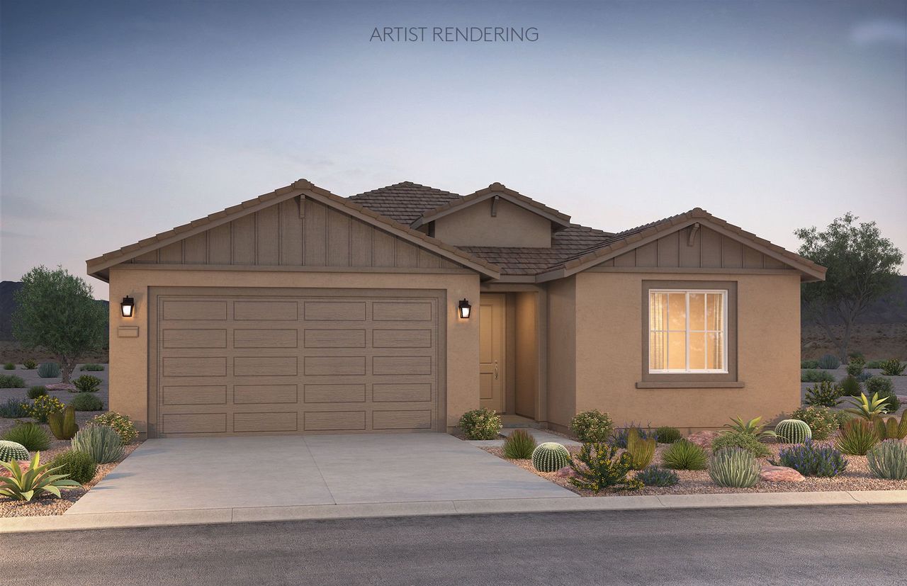 Front exterior of a new home in Artisan at Asante, Surprise, AZ, highlighting curb appeal (Image 2). Front exterior of a new home in Artisan at Asante, Surprise, AZ, highlighting curb appeal (Image 2).