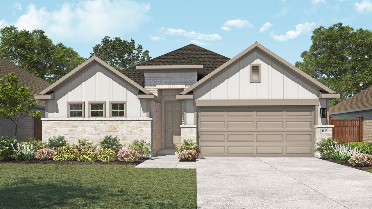 Representative exterior photo of a completed home built from the Beech by DRB Homes in Infinity Square, Kyle, TX (Image 2). Representative exterior photo of a completed home built from the Beech by DRB Homes in Infinity Square, Kyle, TX (Image 2).