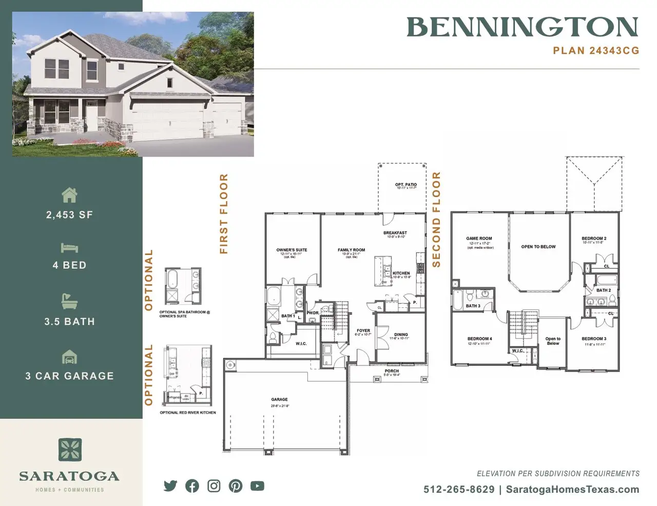 2D floor plan layout for the 2434SL3CG by Saratoga Homes in Heritage Oaks, Killeen, TX (Image 2).