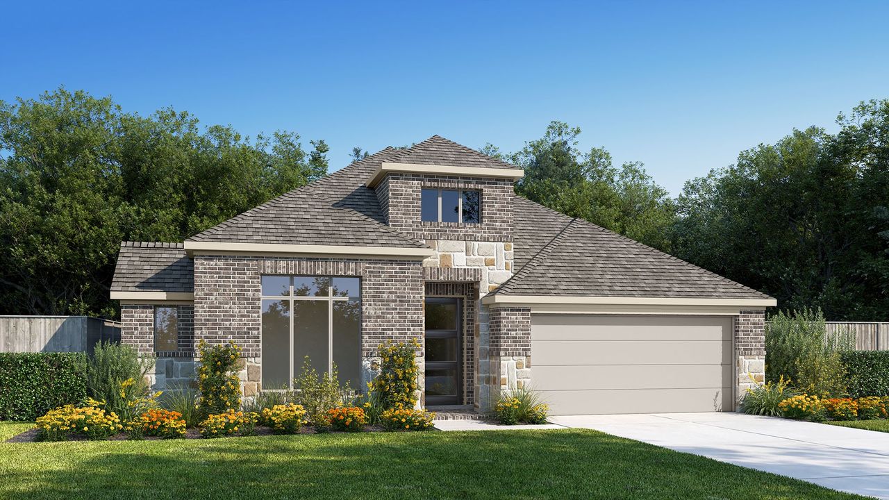 Representative exterior photo of a completed home built from the 2738P by Perry Homes in Audubon Park 60', Magnolia, TX (Image 2). Representative exterior photo of a completed home built from the 2738P by Perry Homes in Audubon Park 60', Magnolia, TX (Image 2).