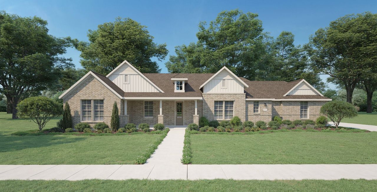 Front exterior of a new home in Ellis Ranch Estates, Waxahachie, TX, highlighting curb appeal (Image 2).