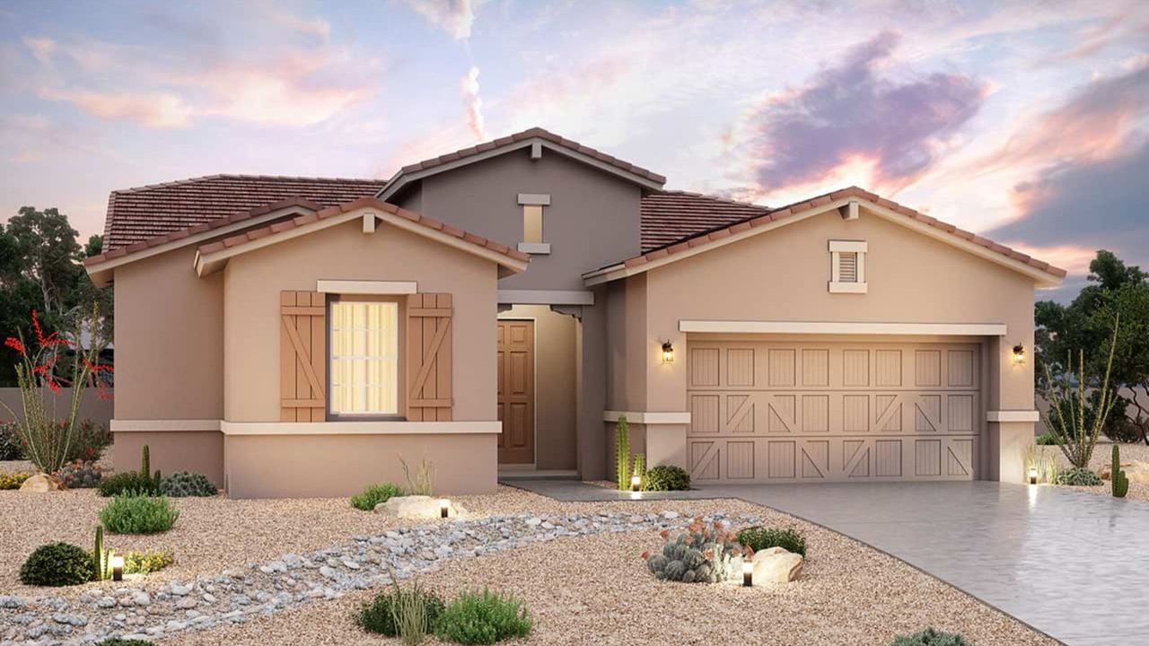 Representative exterior photo of a completed home built from the Crimson by DRB Homes in Arroyo Seco - Hacienda, Buckeye, AZ (Image 2).