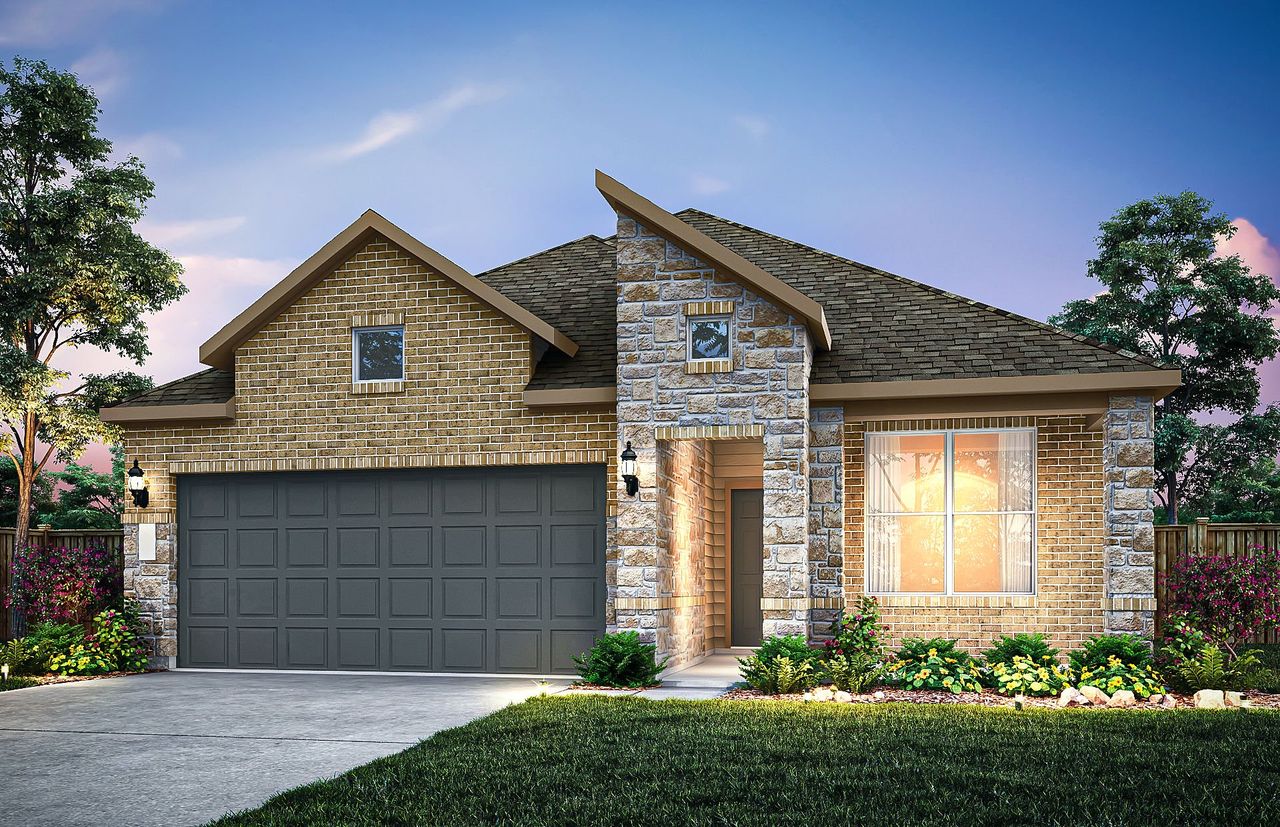 Front exterior of a new home in Woodside, Georgetown, TX, highlighting curb appeal (Image 2).