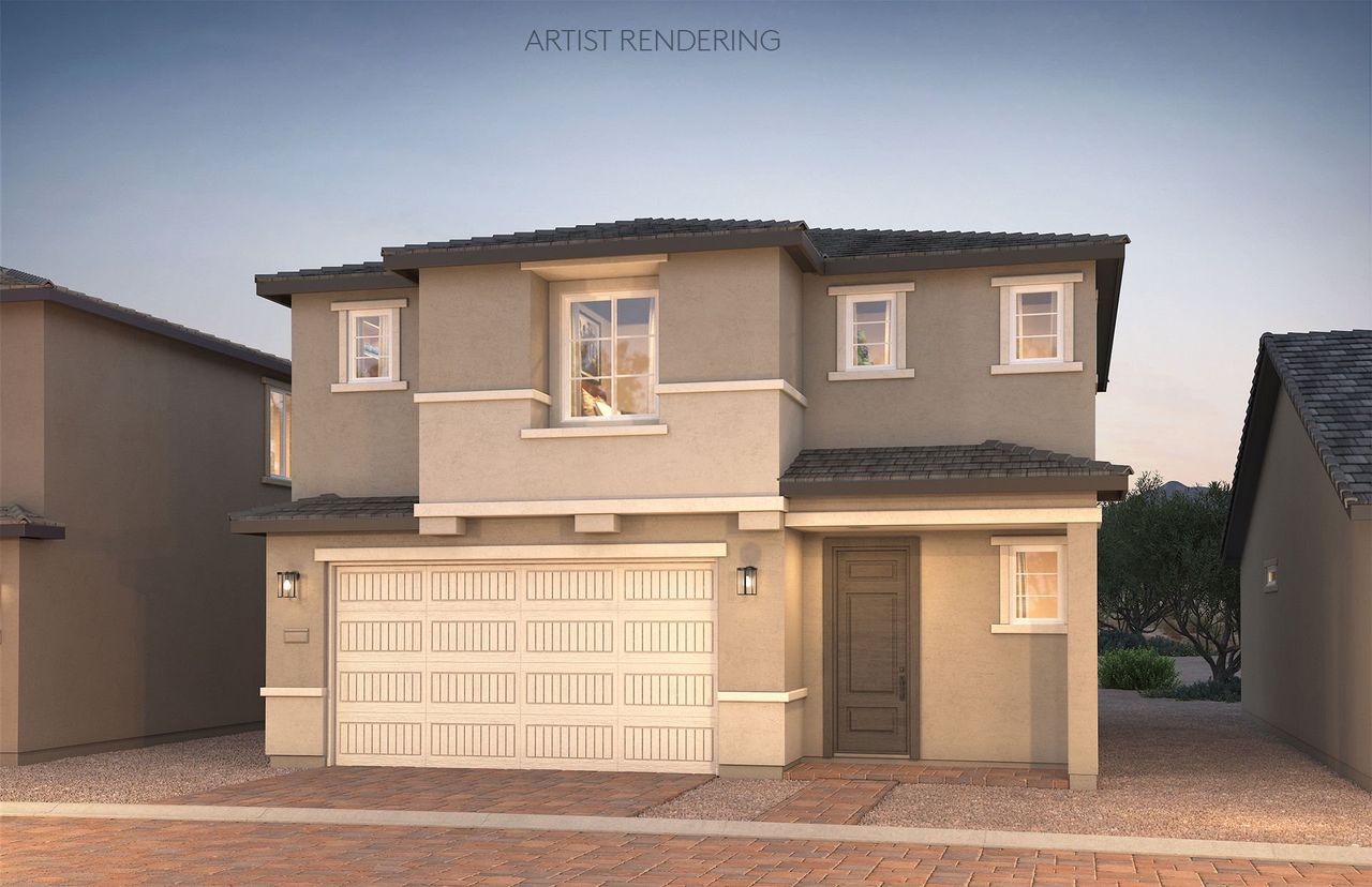 Front exterior of a new home in Asante- Atrium Series, Surprise, AZ, highlighting curb appeal (Image 2).