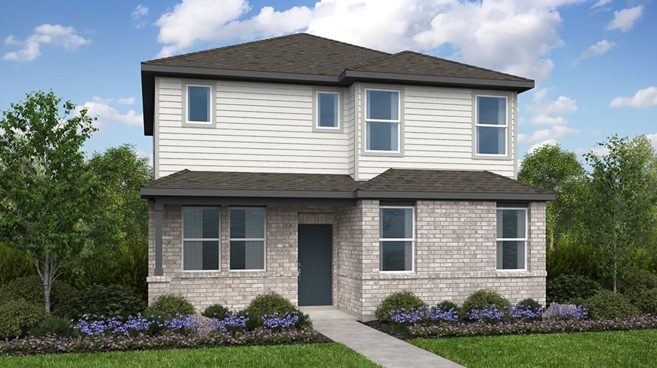 Representative exterior photo of a completed home built from the Sandgrouse by Taylor Morrison in Emory Crossing 40s, Hutto, TX (Image 2). Representative exterior photo of a completed home built from the Sandgrouse by Taylor Morrison in Emory Crossing 40s, Hutto, TX (Image 2).