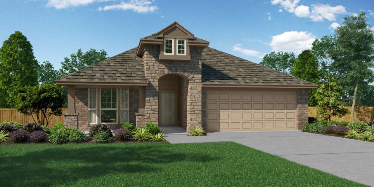 View of front of home featuring stone siding, roof with shingles, driveway, and a garage
