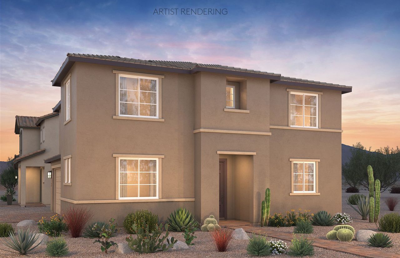 Front exterior of a new home in Asante- Atrium Series, Surprise, AZ, highlighting curb appeal (Image 2).
