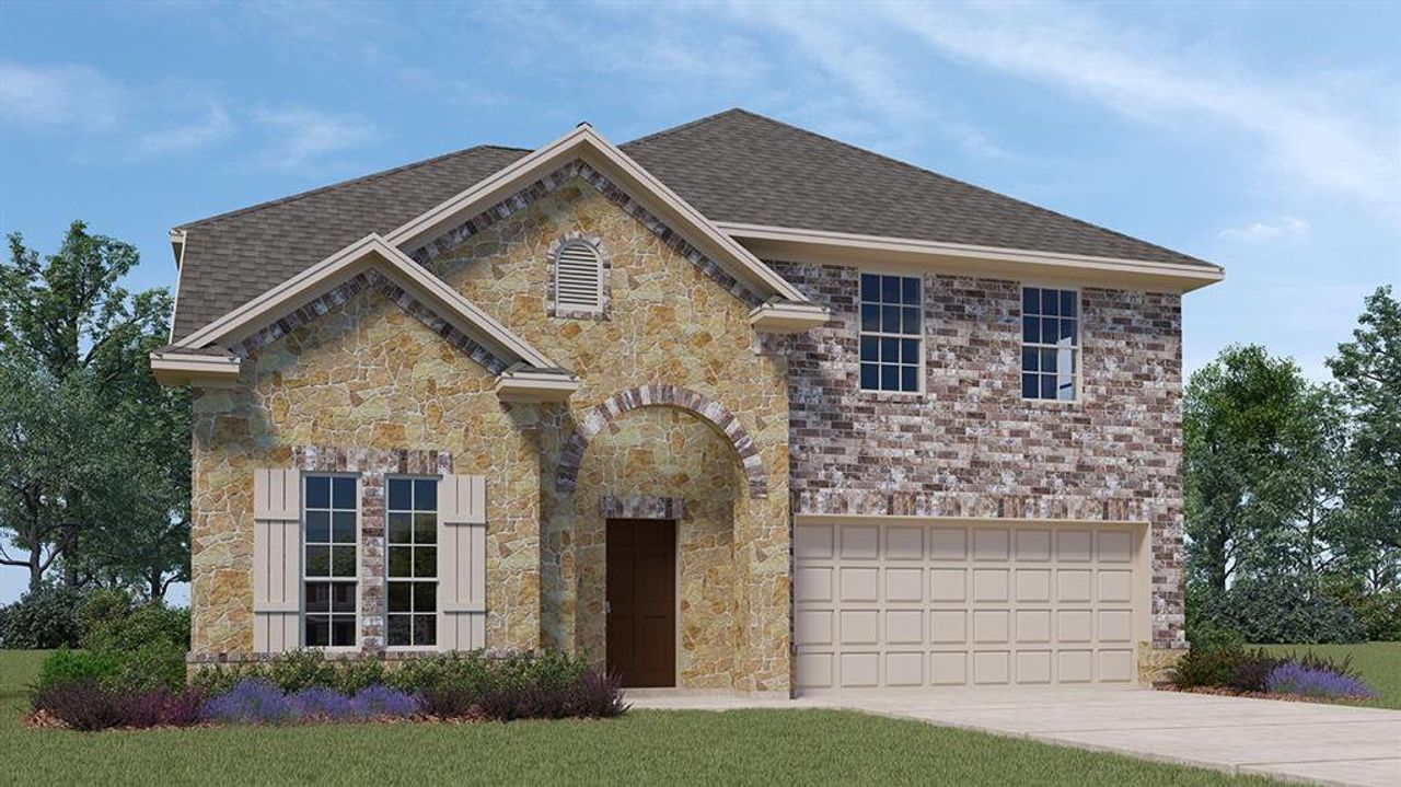 Front exterior of a new home in Woodcreek, Fate, TX, highlighting curb appeal (Image 2).