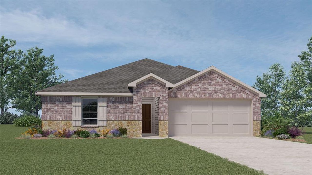 Front exterior of a new home in Bear Creek Ranch, Lancaster, TX, highlighting curb appeal (Image 2). Front exterior of a new home in Bear Creek Ranch, Lancaster, TX, highlighting curb appeal (Image 2).