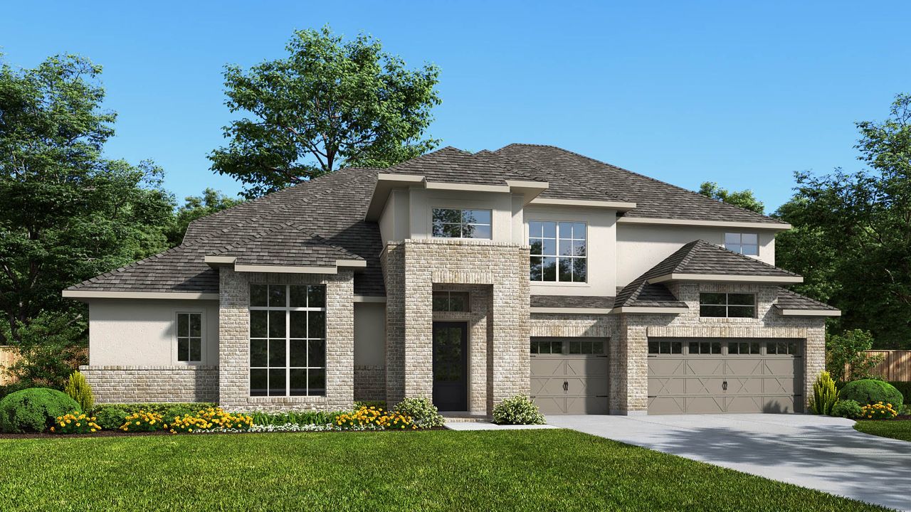 Representative exterior photo of a completed home built from the 5067B by Perry Homes in Fulshear Lakes, Fulshear, TX (Image 2). Representative exterior photo of a completed home built from the 5067B by Perry Homes in Fulshear Lakes, Fulshear, TX (Image 2).