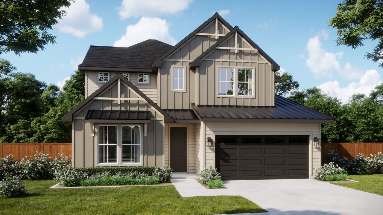 Representative exterior photo of a completed home built from the 4058 by Risewell Homes in Freedom at Anthem, Kyle, TX (Image 2). Representative exterior photo of a completed home built from the 4058 by Risewell Homes in Freedom at Anthem, Kyle, TX (Image 2).