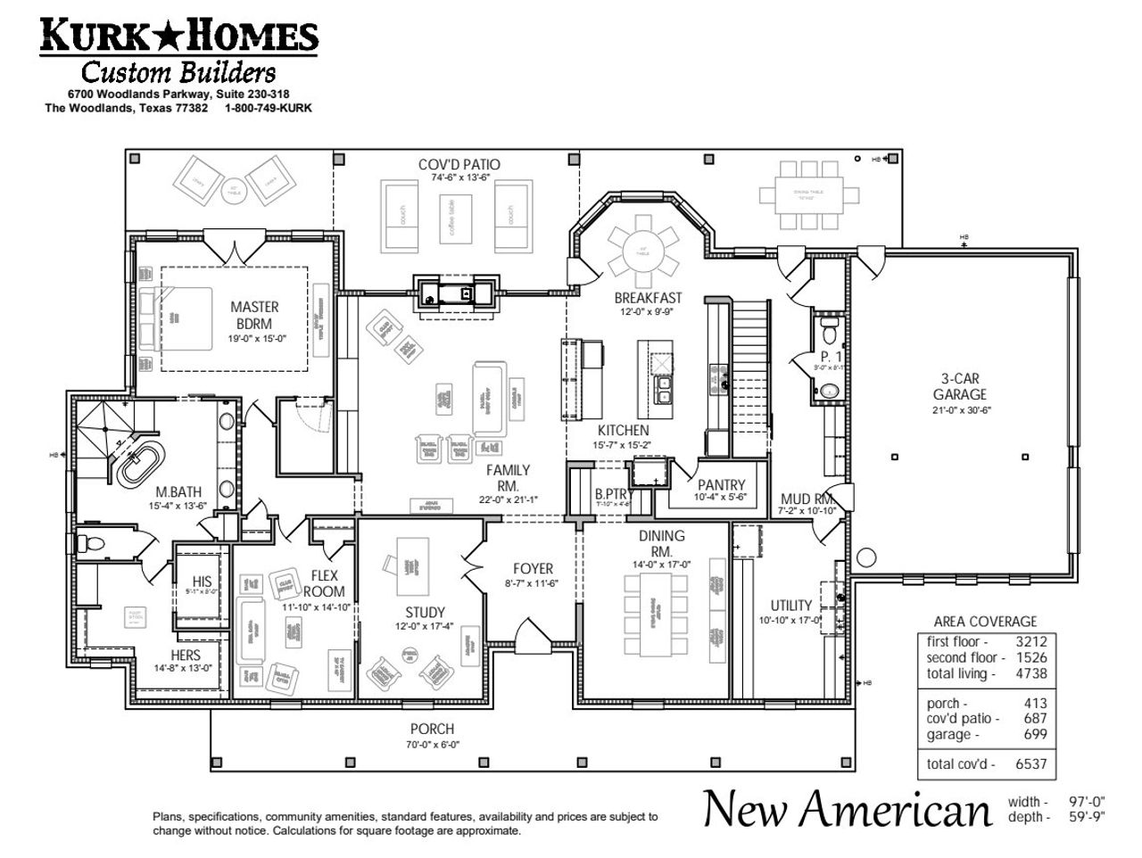 2D floor plan layout for the The New American by Kurk Homes in Vintage Oaks, Montgomery, TX (Image 2).