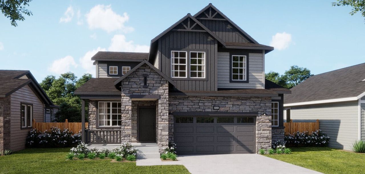 Representative exterior photo of a completed home built from the 3504 by Risewell Homes in The Cottages Collection at Ridgeline Vista, Brighton, CO (Image 2).