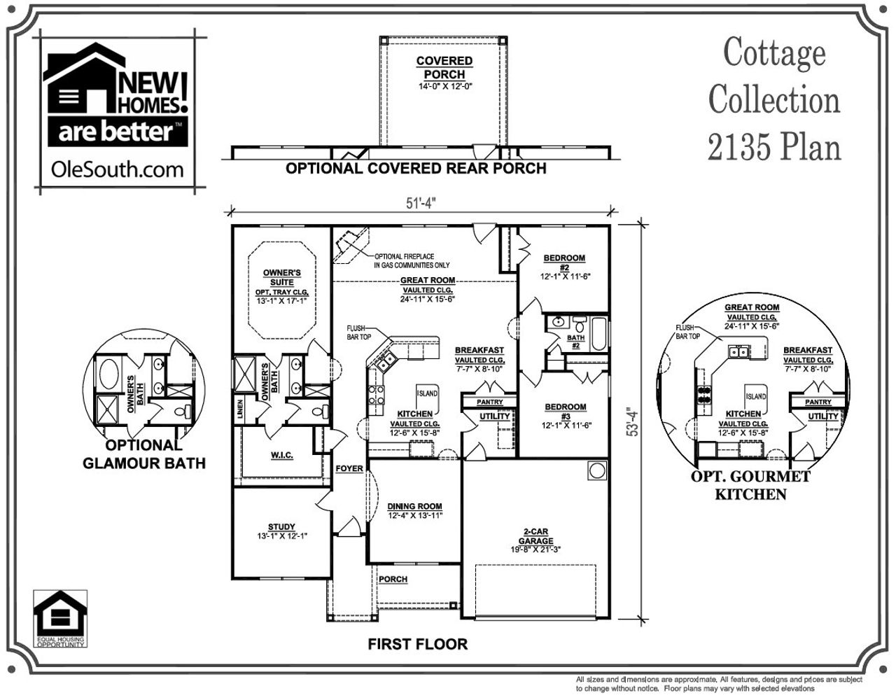 2D floor plan layout for the 2135 ELEVATION DEF by Ole South in Stoneridge Estates, Shelbyville, TN (Image 2).
