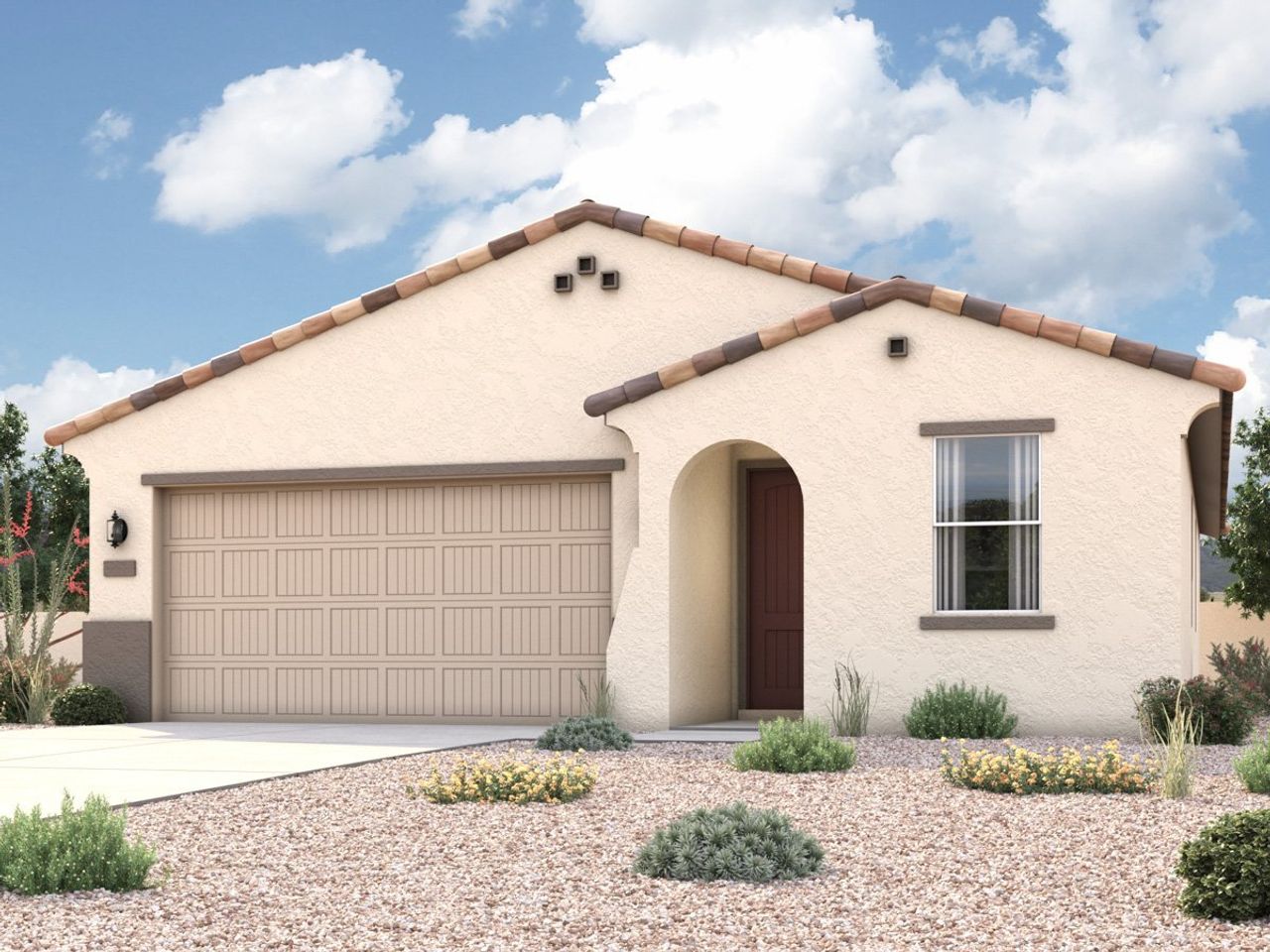 Rendering of front of new home for sale in San Tan, AZ with 2 car garage in the beautiful Skyline Village community with pool.
