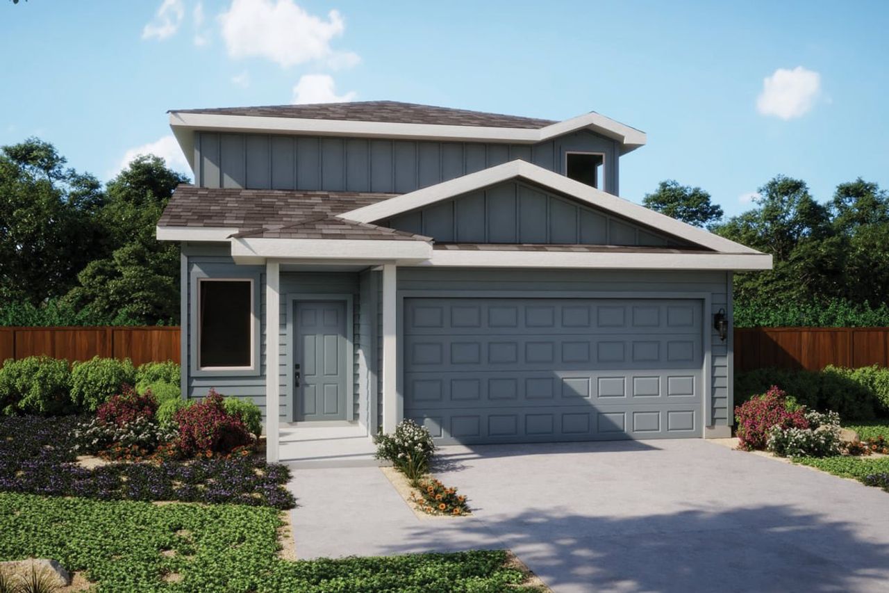 Front exterior of a new home in Porter Country, Buda, TX, highlighting curb appeal (Image 2).