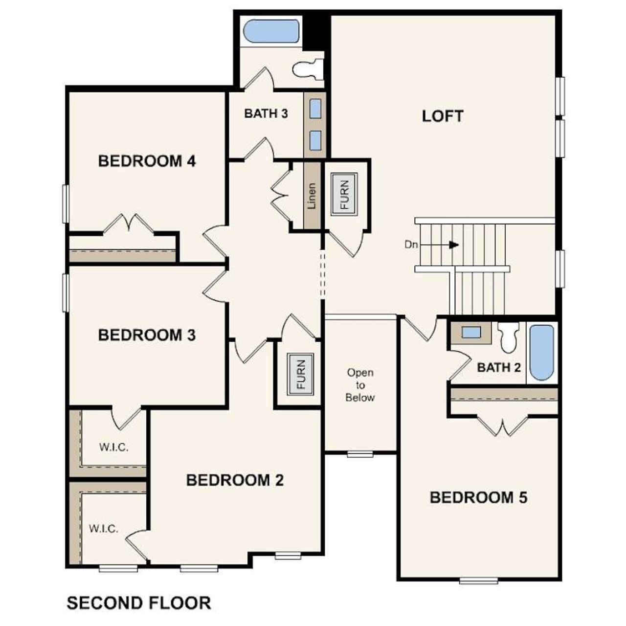 Discover a well-designed second-floor layout featuring multiple bedrooms, bathrooms, and a versatile loft space.