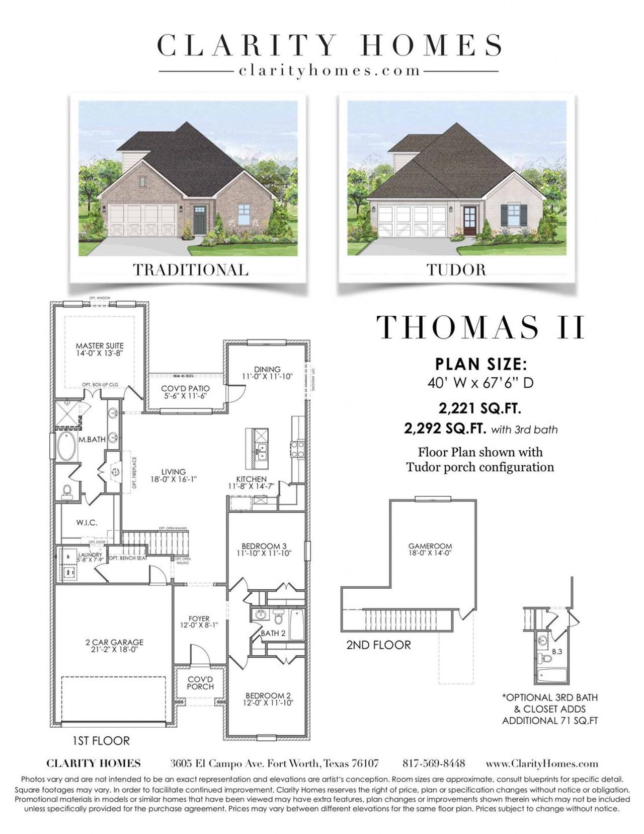 2D floor plan layout for the Thomas II by Clarity Homes in Courts of Bonnie Brae, Denton, TX (Image 2). 2D floor plan layout for the Thomas II by Clarity Homes in Courts of Bonnie Brae, Denton, TX (Image 2).